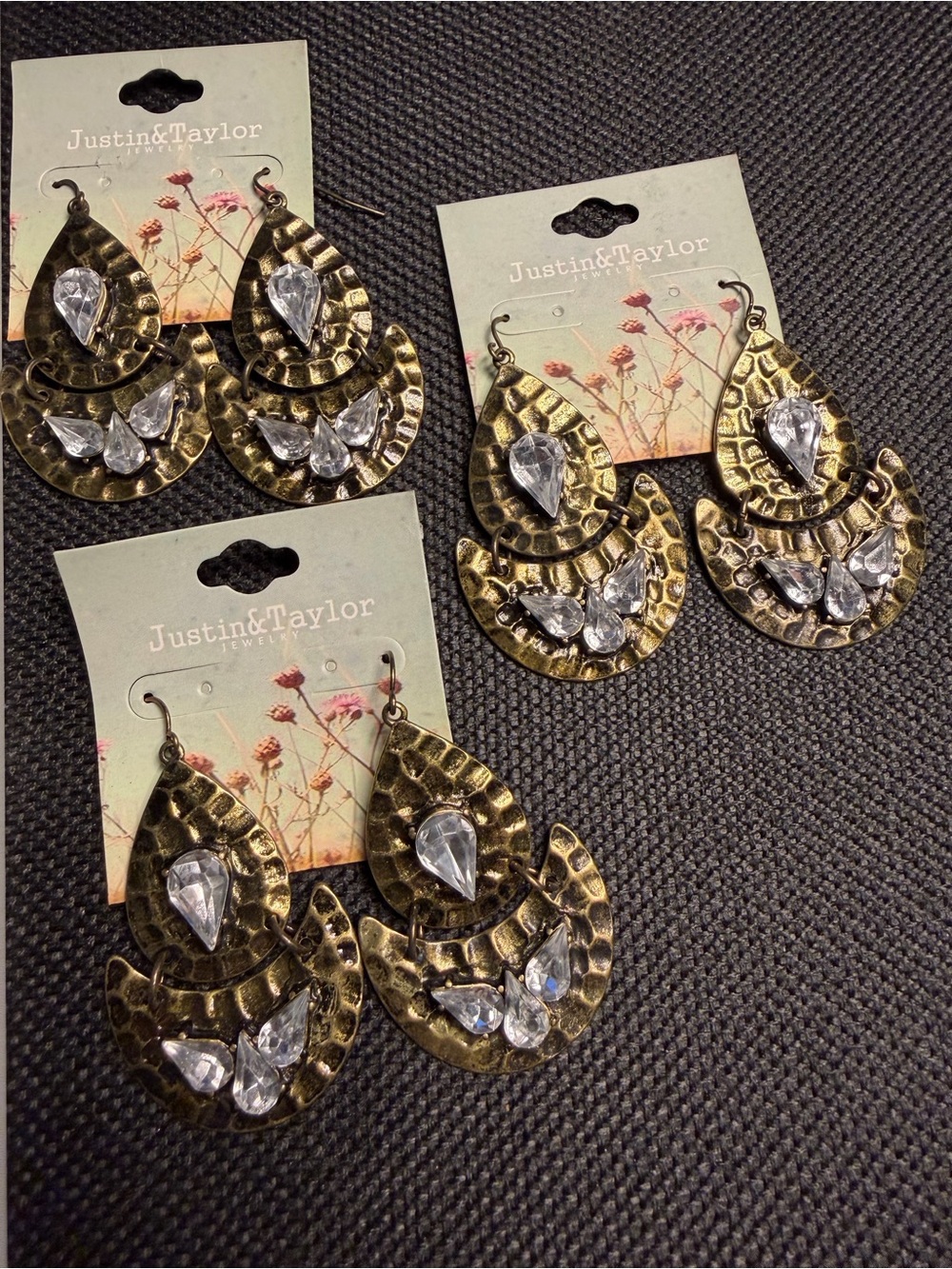 NWT Justin & Taylor 3 Pr Burnished Gold Rhinestone Dangle Earrings Lot